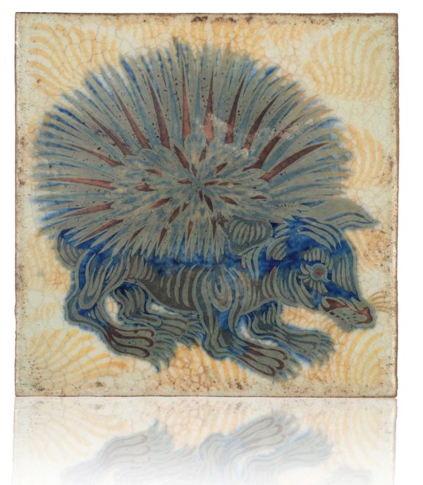 WILLIAM DE MORGAN (1839-1917): A RARE 'TRIPLE LUSTRE' LATE FULHAM PERIOD TILE 'PORCUPINE'