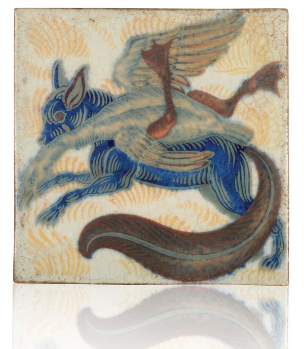 WILLIAM DE MORGAN (1839-1917): A RARE 'TRIPLE LUSTRE' LATE FULHAM PERIOD TILE 'FOX STEALING GOOSE'