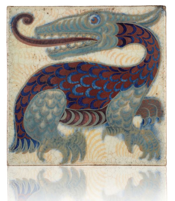 WILLIAM DE MORGAN (1839-1917): A RARE 'TRIPLE LUSTRE' LATE FULHAM PERIOD TILE 'LONG TONGUED BEAST'