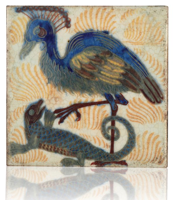 WILLIAM DE MORGAN (1839-1917): A RARE 'TRIPLE LUSTRE' LATE FULHAM PERIOD TILE 'SECRETARY BIRD AND LIZARD'