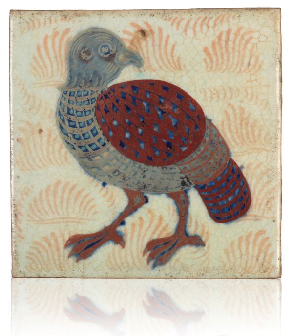 WILLIAM DE MORGAN (1839-1917): A RARE 'TRIPLE LUSTRE' LATE FULHAM PERIOD TILE 'PARTRIDGE'