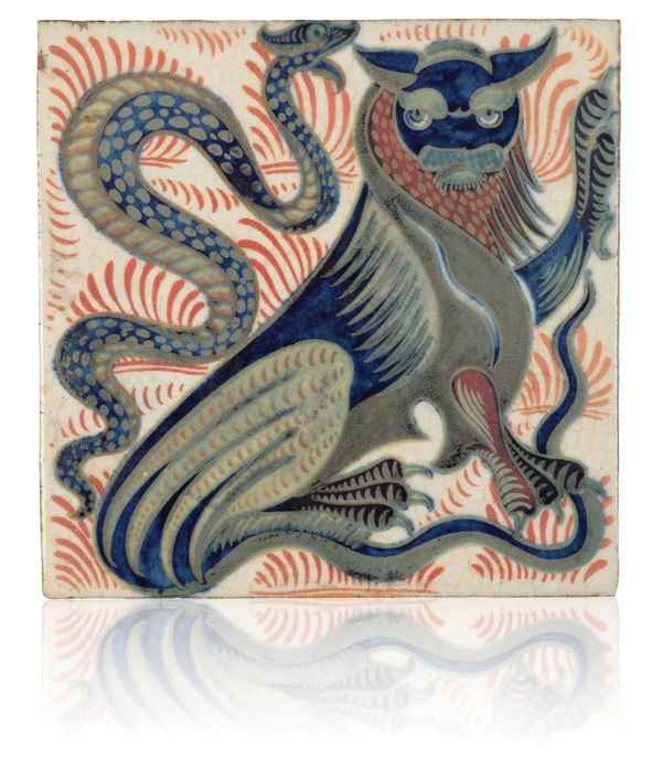 WILLIAM DE MORGAN (1839-1917): A RARE 'TRIPLE LUSTRE' LATE FULHAM PERIOD TILE 'LION AND SNAKE'