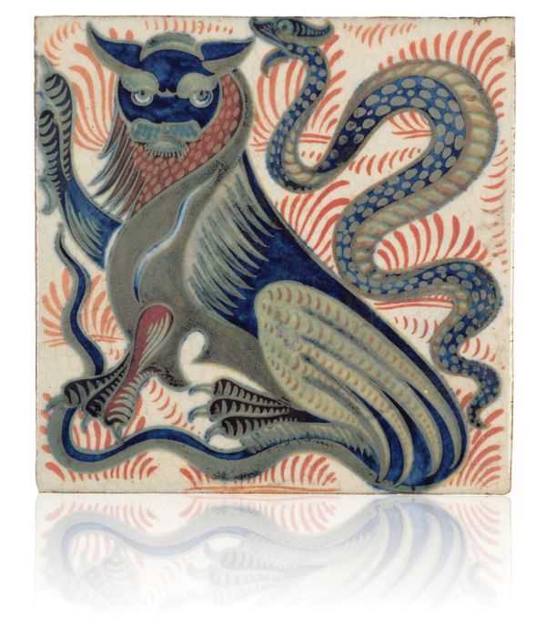 WILLIAM DE MORGAN (1839-1917): A RARE 'TRIPLE LUSTRE' LATE FULHAM PERIOD TILE 'LION AND SNAKE'