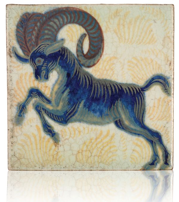 WILLIAM DE MORGAN (1839-1917): A RARE 'TRIPLE LUSTRE' LATE FULHAM PERIOD TILE 'MOUNTAIN GOAT'