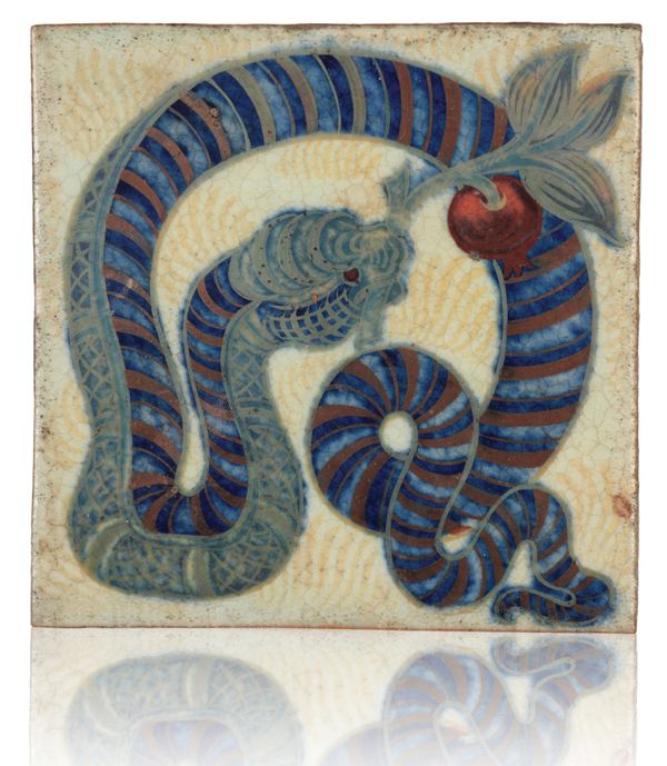 WILLIAM DE MORGAN (1839-1917): A RARE 'TRIPLE LUSTRE' LATE FULHAM PERIOD TILE 'SNAKE WITH LEAF'