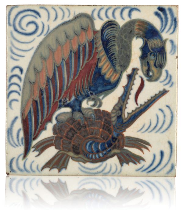 WILLIAM DE MORGAN (1839-1917): A RARE 'TRIPLE LUSTRE' LATE FULHAM PERIOD TILE 'BIRD OF PREY AND CREATURE IN COMBAT'