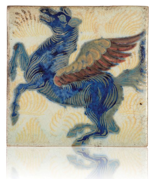 WILLIAM DE MORGAN (1839-1917): A RARE 'TRIPLE LUSTRE' LATE FULHAM PERIOD TILE 'PEGASUS'