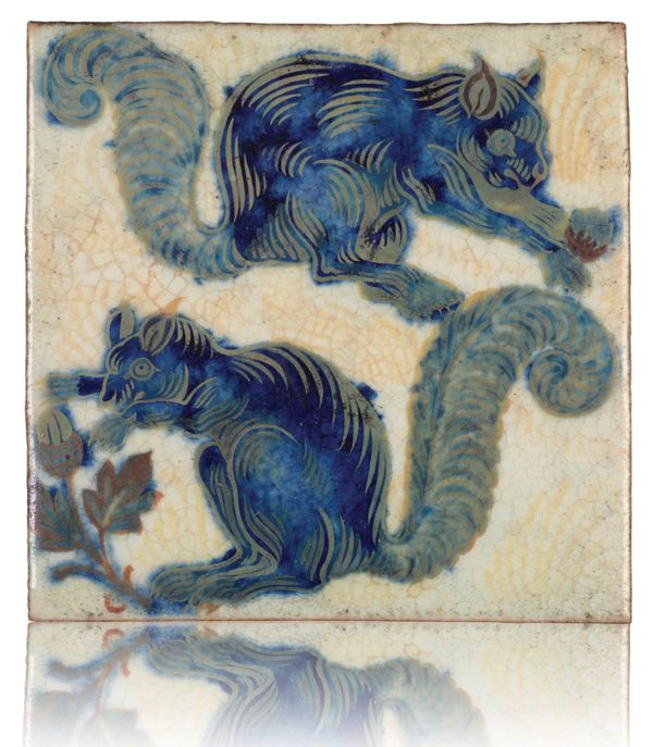 WILLIAM DE MORGAN (1839-1917): A RARE 'TRIPLE LUSTRE' LATE FULHAM PERIOD TILE 'SQUIRRELS ON AN OAK BRANCH'