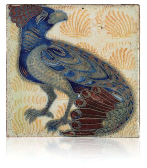 WILLIAM DE MORGAN (1839-1917): A RARE 'TRIPLE LUSTRE' LATE FULHAM PERIOD TILE 'ORNATE BIRD'