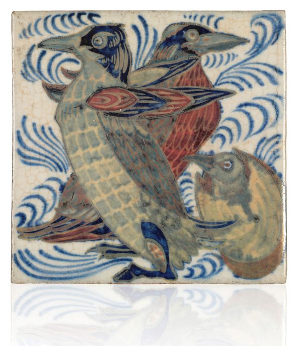 WILLIAM DE MORGAN (1839-1917): A RARE 'TRIPLE LUSTRE' LATE FULHAM PERIOD TILE 'PENGUINS WITH HATCHING CHICK'