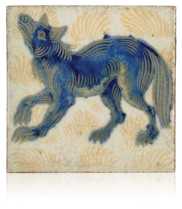 WILLIAM DE MORGAN (1839-1917): A RARE 'TRIPLE LUSTRE' LATE FULHAM PERIOD TILE 'HOWLING WOLF'