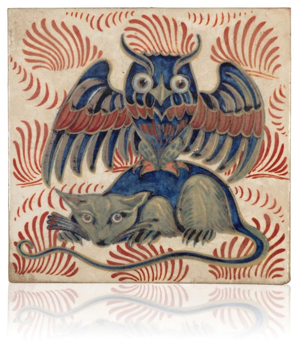 WILLIAM DE MORGAN (1839-1917) A RARE 'TRIPLE LUSTRE' LATE FULHAM PERIOD TILE 'OWL ON BACK OF MOUSE"