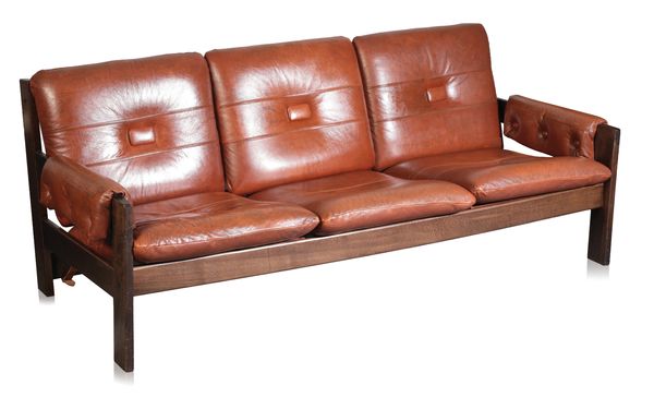 A MID-CENTURY SCANDINAVIAN BROWN LEATHER 'BELT' SOFA