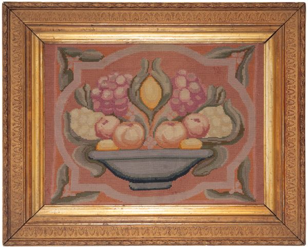 MANNER OF THE OMEGA WORKSHOP: AN EMBROIDERED WOOLWORK PANEL DEPICTING A BOWL OF FRUIT