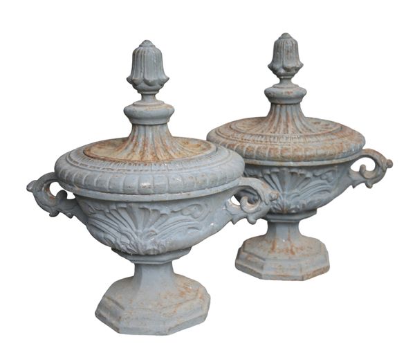 A PAIR OF FRENCH CAST IRON TERRACE OR GARDEN URNS WITH LIDS