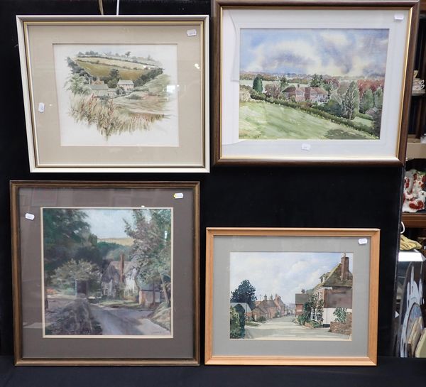 J. GOODLAND; COTTAGES IN A LANE, PASTEL