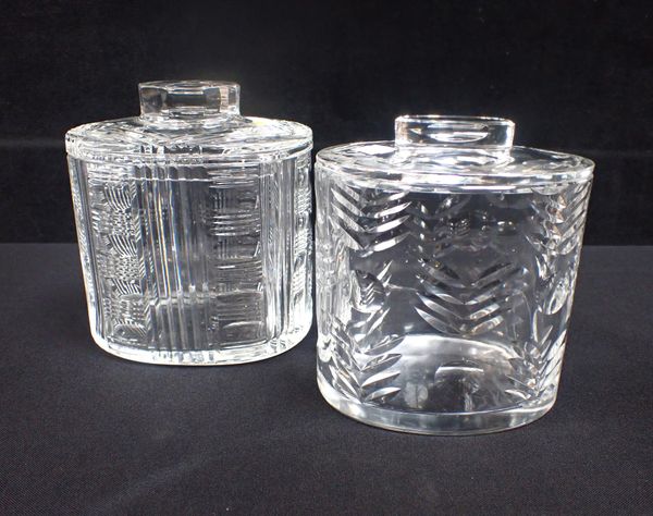 TWO SIMILAR CUT GLASS BISCUIT BARRELS