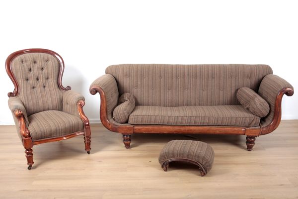 A VICTORIAN FAUX-ROSEWOOD FRAMED HIGH-BACK SOFA