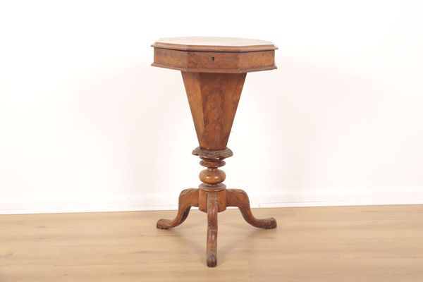 A VICTORIAN BURR WALNUT TRUMPET SHAPED SEWING TABLE