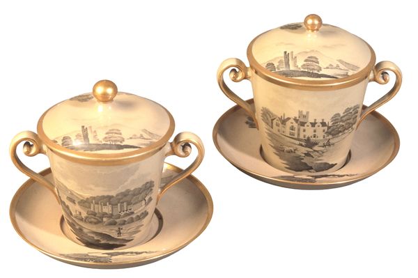 A PAIR OF SPODE DRABWARE CHOCOLATE CUPS, COVERS AND STANDS