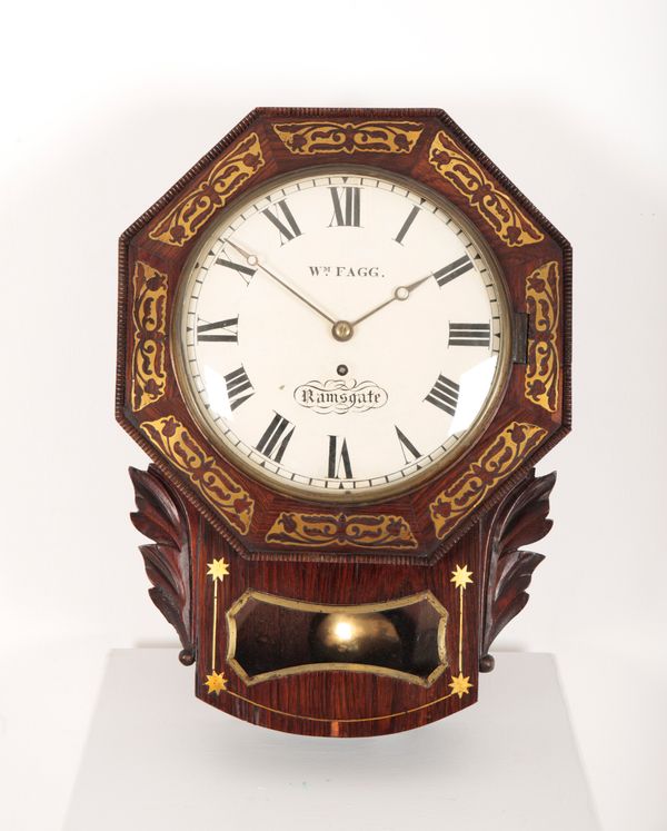 A REGENCY ROSEWOOD AND BRASS-INLAID WALL CLOCK BY WILLIAM FAGG, RAMSGATE