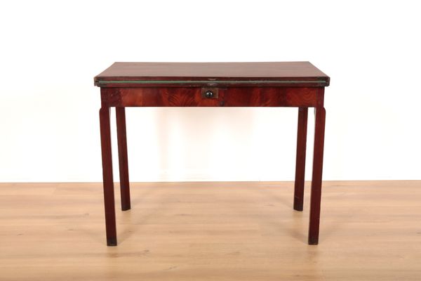 A GEORGE III FLAME MAHOGANY RECTANGULAR CARD TABLE