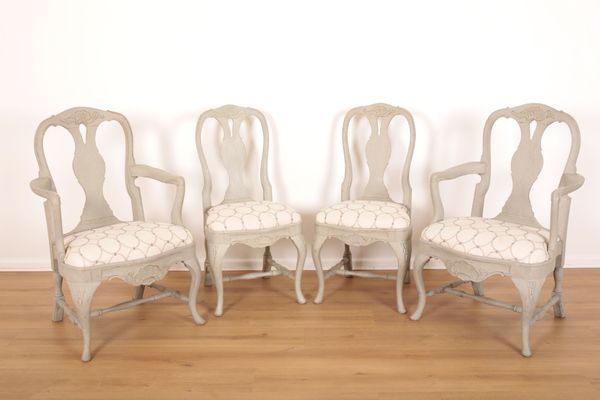 FOUR GREY PAINTED DINING CHAIRS IN THE GUSTAVIAN STYLE