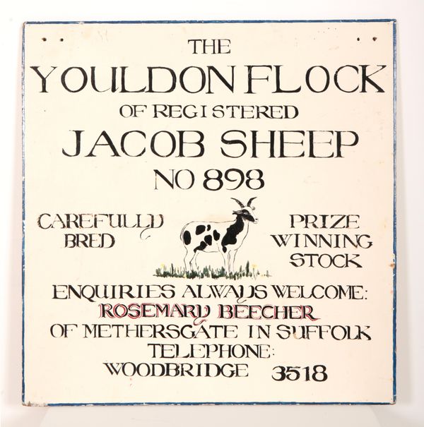 A HANDPAINTED WOODEN FARM OR ADVERTISING SIGN FOR THE 'YOULDON FLOCK OF SHEEP' SUFFOLK