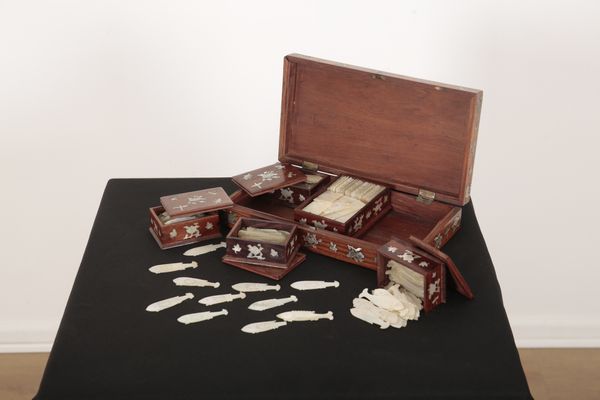 A CHINESE MOTHER OF PEARL INLAID ROSEWOOD GAMES BOX