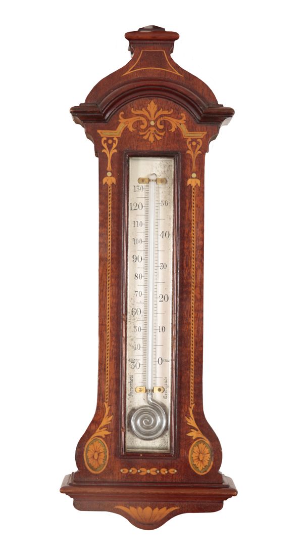 AN EDWARDIAN INLAID MAHOGANY BAROMETER