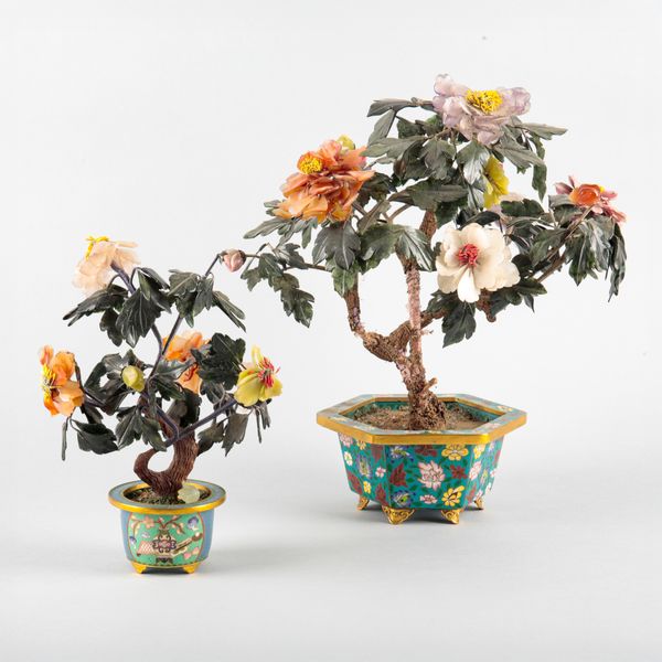 TWO SIMILAR CHINESE CLOISONNÉ AND HARDSTONE TREES