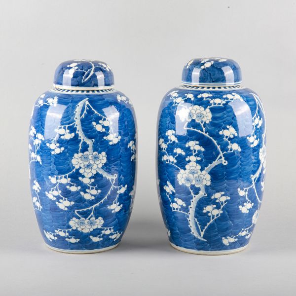A PAIR OF CHINESE PORCELAIN BLUE AND WHITE JARS AND COVERS