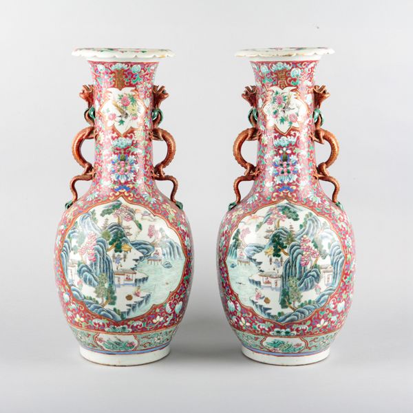 A PAIR OF CHINESE FAMILLE ROSE BOTTLE SHAPED VASES