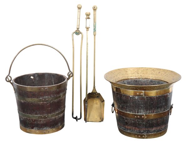 AN OAK AND BRASS BOUND FIRE BUCKET