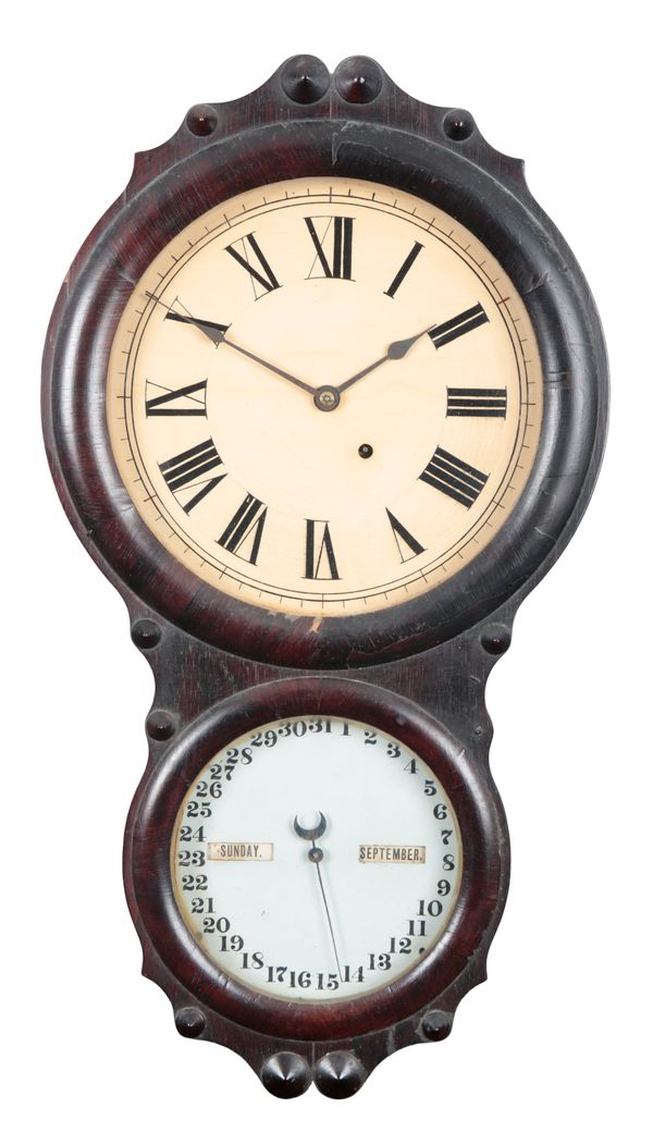 AN AMERICAN ROSEWOOD DOUBLE DIAL CALENDAR WALL CLOCK BY THE SETH THOMAS CLOCK COMPANY