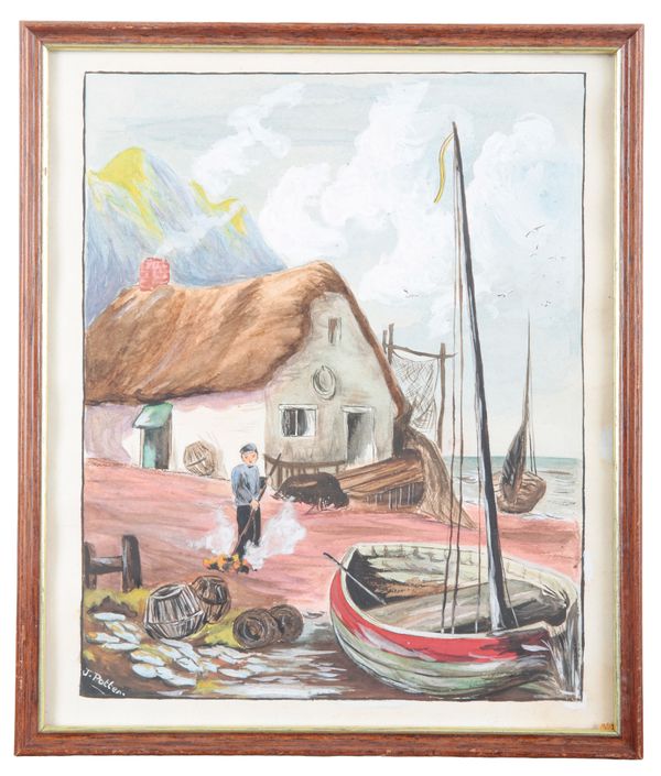 J POTTER (20TH CENTURY) Beach scene with fishing boat and hut