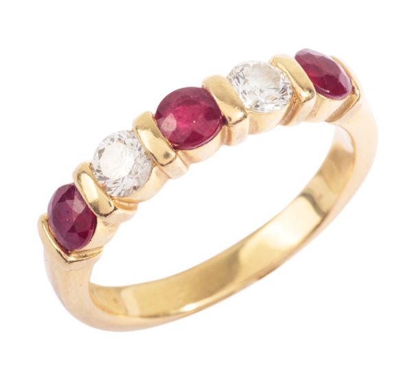 A RUBY AND DIAMOND FIVE STONE RING