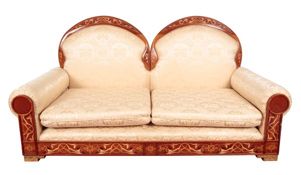 A HARDWOOD FRAMED CAMEL BACK TWO SEATER SOFA