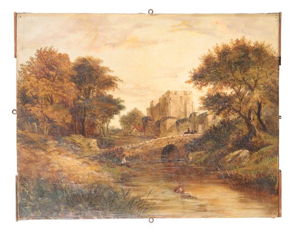 ENGLISH SCHOOL, 19TH/20TH CENTURY Figures angling beside a stone bridge leading into a fortified town