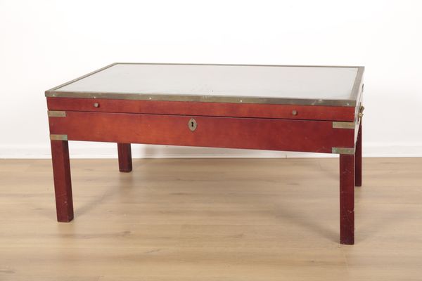 A REPRODUCTION MAHOGANY CAMPAIGN STYLE COFFEE TABLE