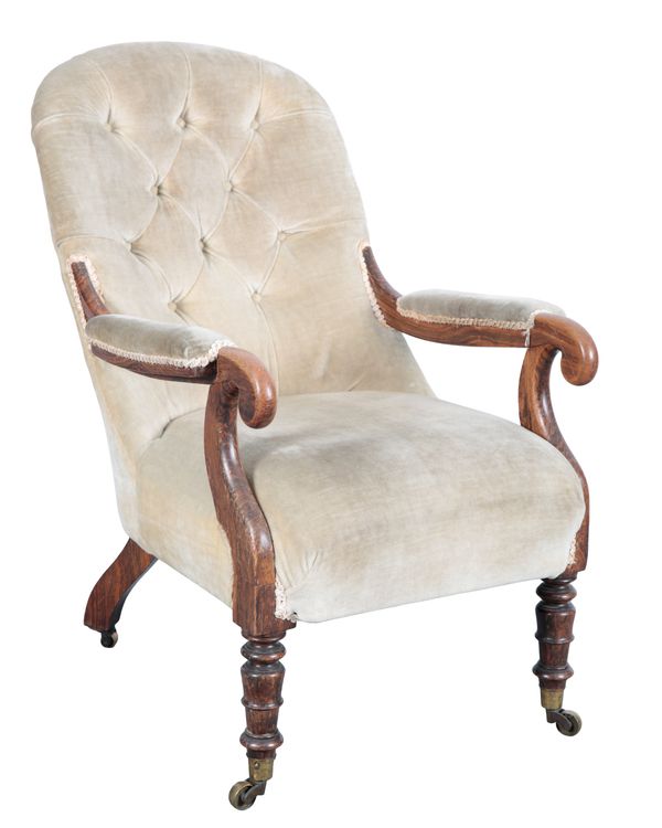 A VICTORIAN GRAINED WOOD OPEN ARMCHAIR