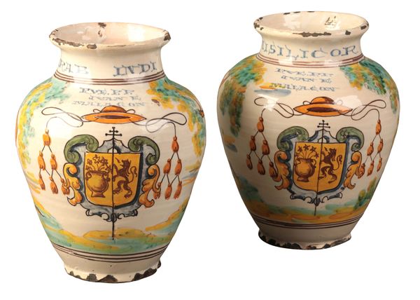 A PAIR OF MAJOLICA APOTHECARY JARS