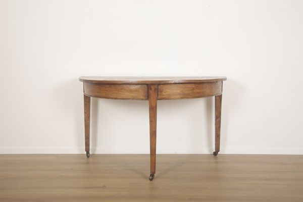 AN ELM, OAK AND BURR WOOD DEMI-LUNE TABLE