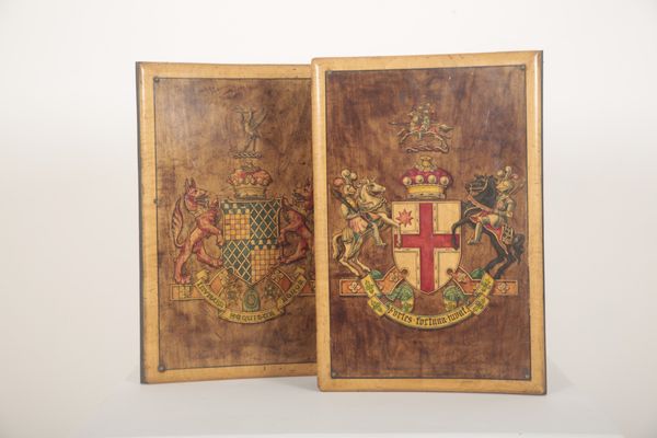 TWO WOODEN FOLIO COVERS WITH PAINTED ARMORIAL CRESTS