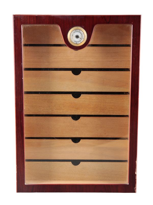 A GLAZED FRONTED FAUX ROSEWOOD HUMIDOR CABINET