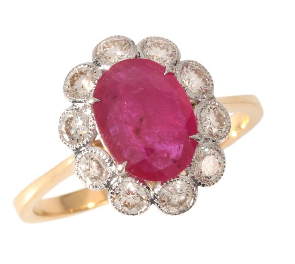 A RUBY AND DIAMOND CLUSTER RING