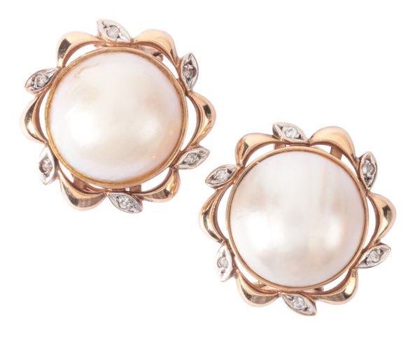 A PAIR OF MABÉ PEARL AND DIAMOND EARRINGS