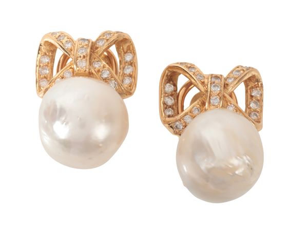 A PAIR OF PEARL AND DIAMOND BOW EARRINGS