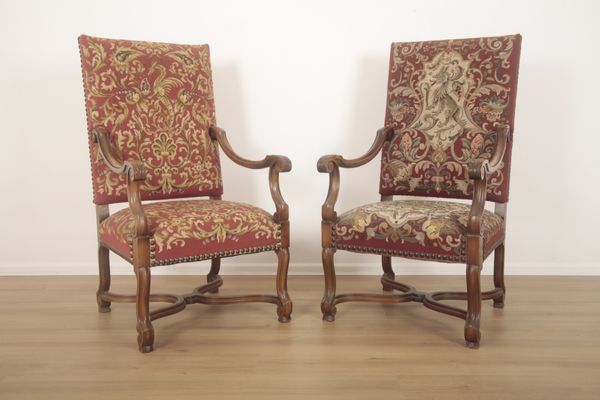 A PAIR OF WALNUT ARMCHAIRS IN WILLIAM AND MARY STYLE