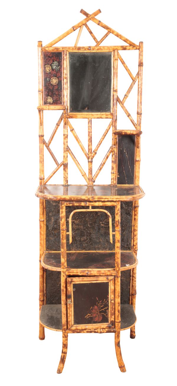 AN AESTHETIC MOVEMENT BAMBOO AND LACQUER PANELLED HALL STAND
